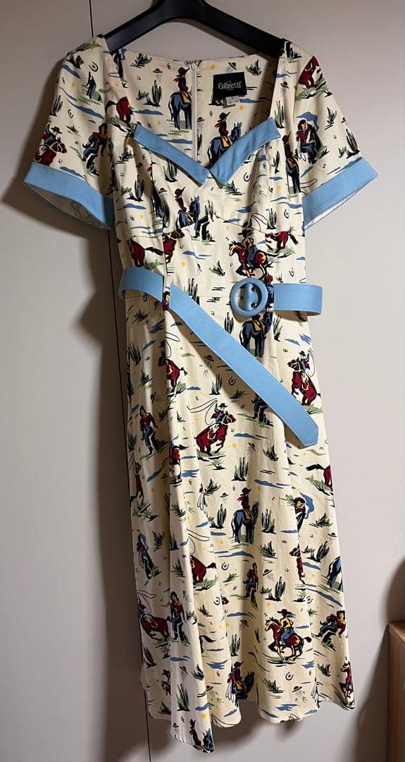 くろくま Collectifカウボーイ柄ひざ丈ロカビリー ワンピース