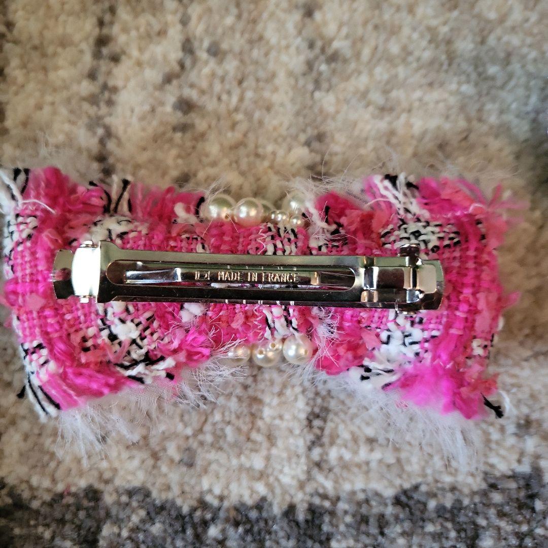 『CHANEL』シャネル　ピンク ツイード パール リボン バレッタ