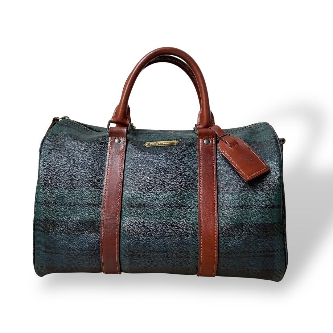 ポロラルフローレン☆ブラックウォッチ チェック ボストンバッグ PVC レザー