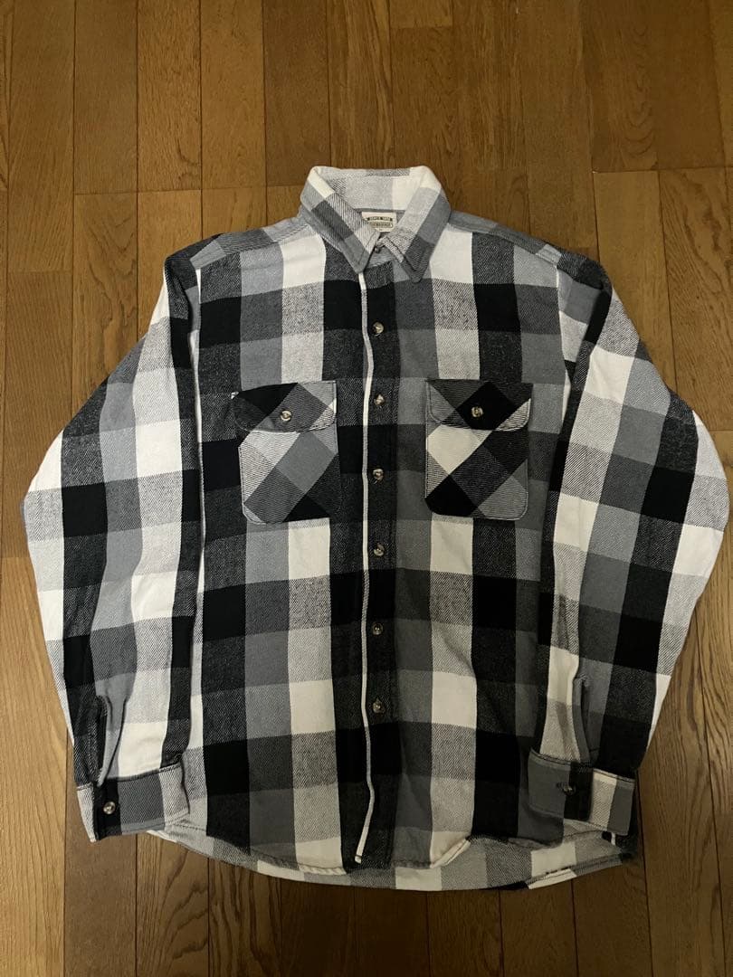 90s FIVE BROTHERネルシャツ 白黒グレーブロックチェック USA製