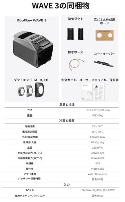 【新品未開封】EcoFlow WAVE 3 ポータブルエアコン 冷暖房性能
