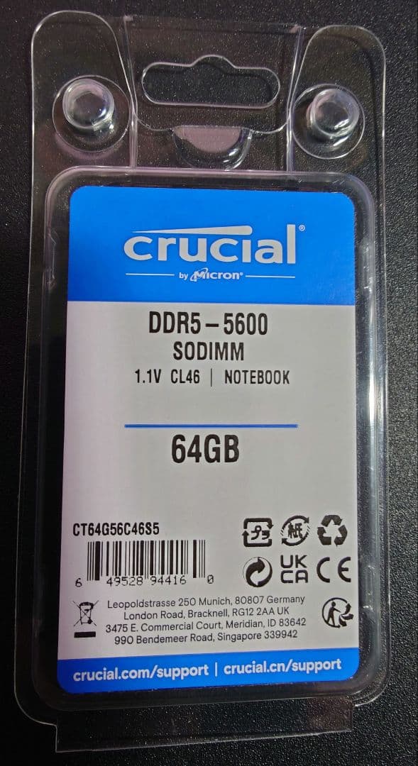 メモリー crucial DDR5-5600 SODIMM 64GB