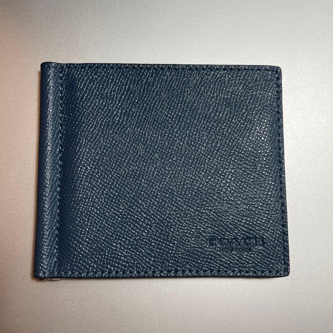 【お値下げOK／美品】コーチネイビー レザー マネークリップ 二つ折り