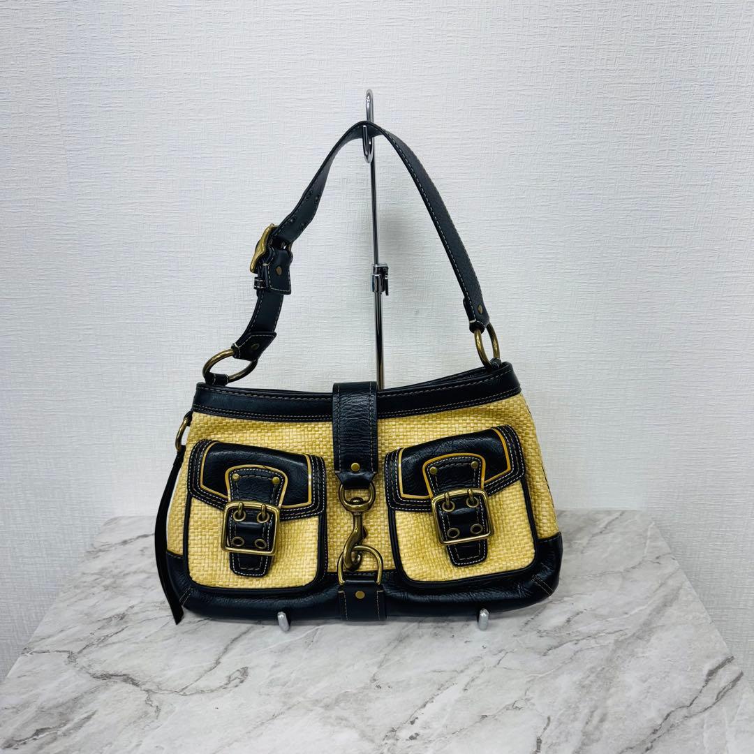 ✨COACH✨コーチ✨ストローバッグ✨ヴィンテージ✨ブラック✨かごバッグ✨