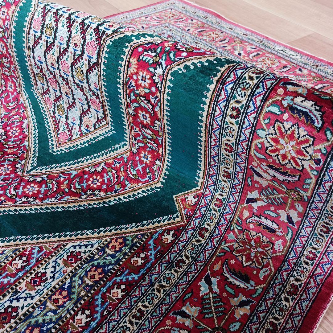 Y3261 高級ペルシャ絨毯 クム産 シルク100% 手織り 工房サイン