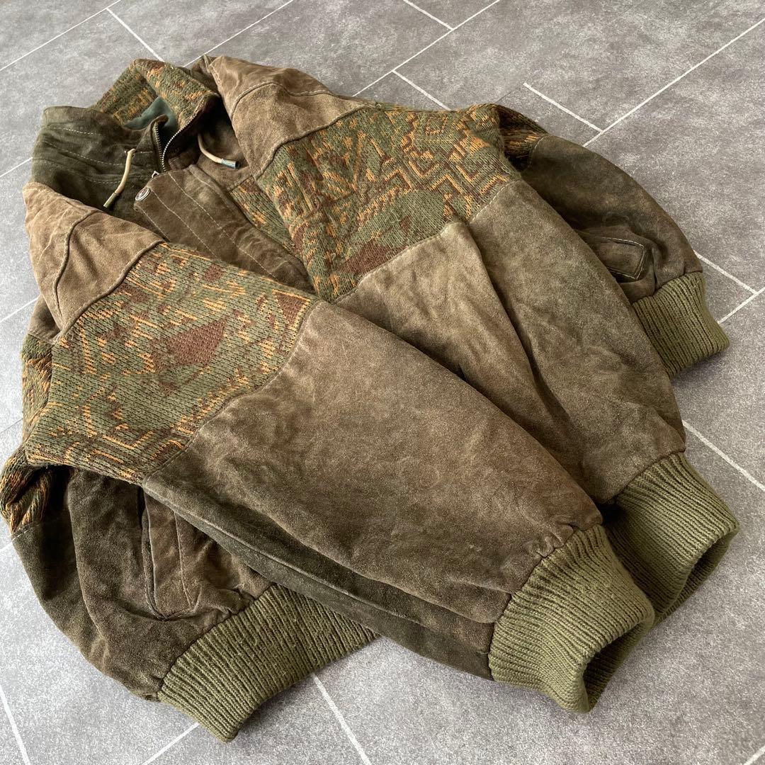 -90s euro 本革 スウェードレザージャケット ニット地切替