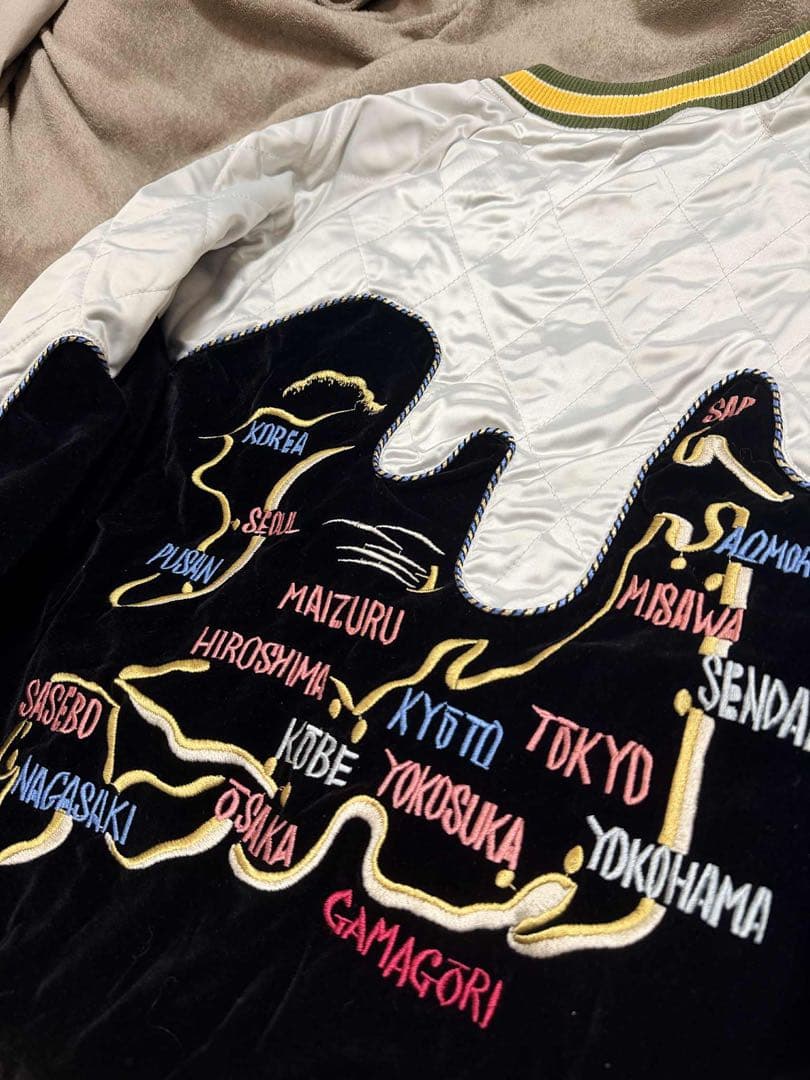 ２面用 未使用 別珍 日本地図 鶴 スカジャン unisex 美品 サテン