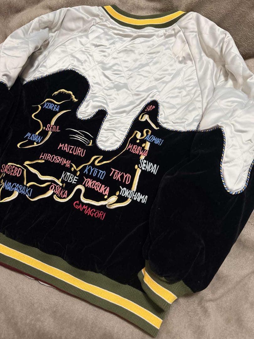 ２面用 未使用 別珍 日本地図 鶴 スカジャン unisex 美品 サテン