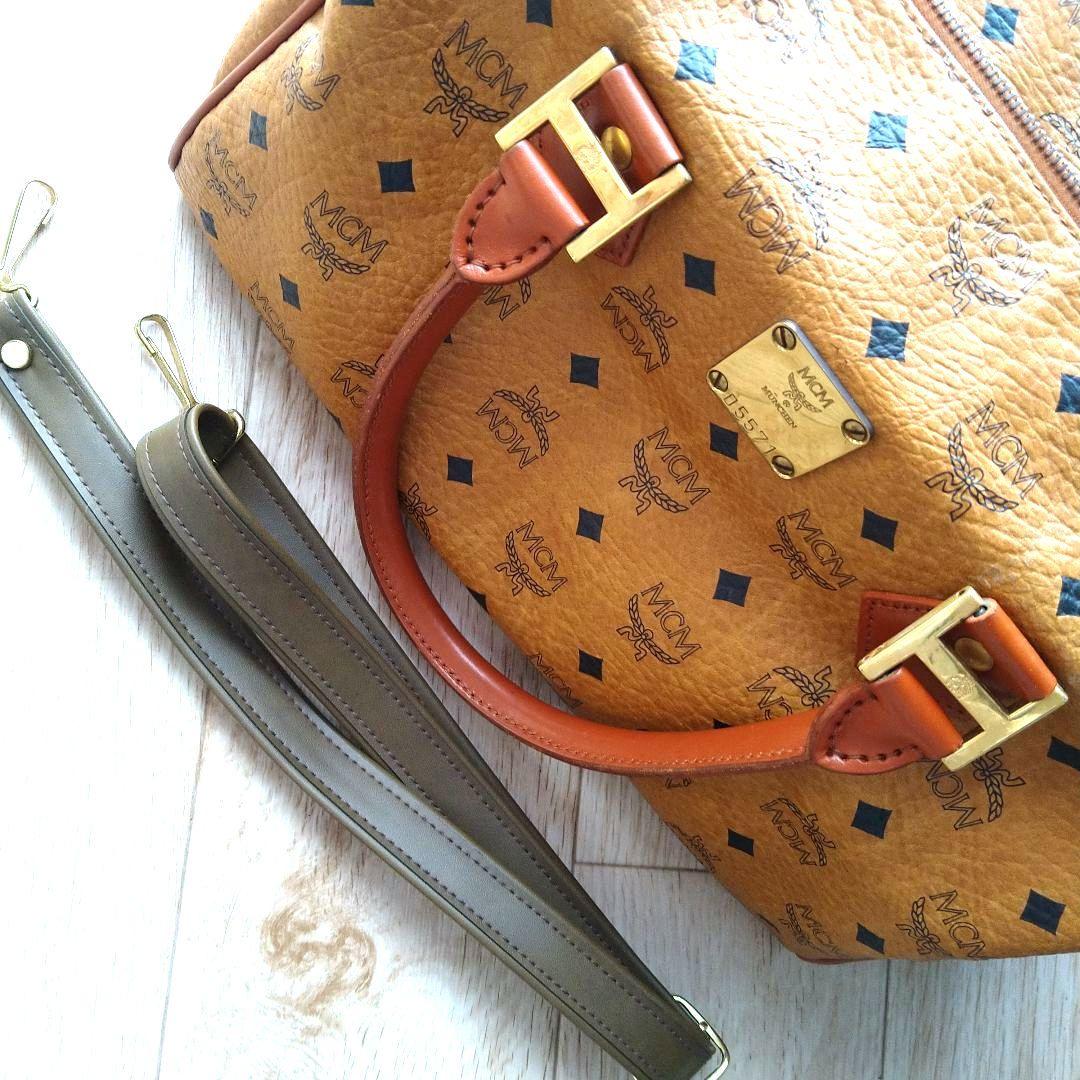 MCM ブラウンレザー ボストンバッグ 055710