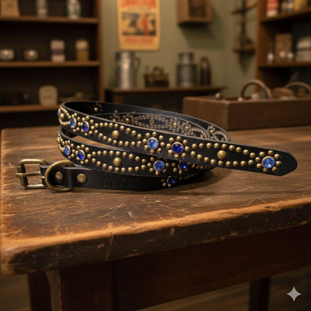 クロス青■本革レザーフルスタッズナローベルト☆アメカジヴィンテージビンテージ