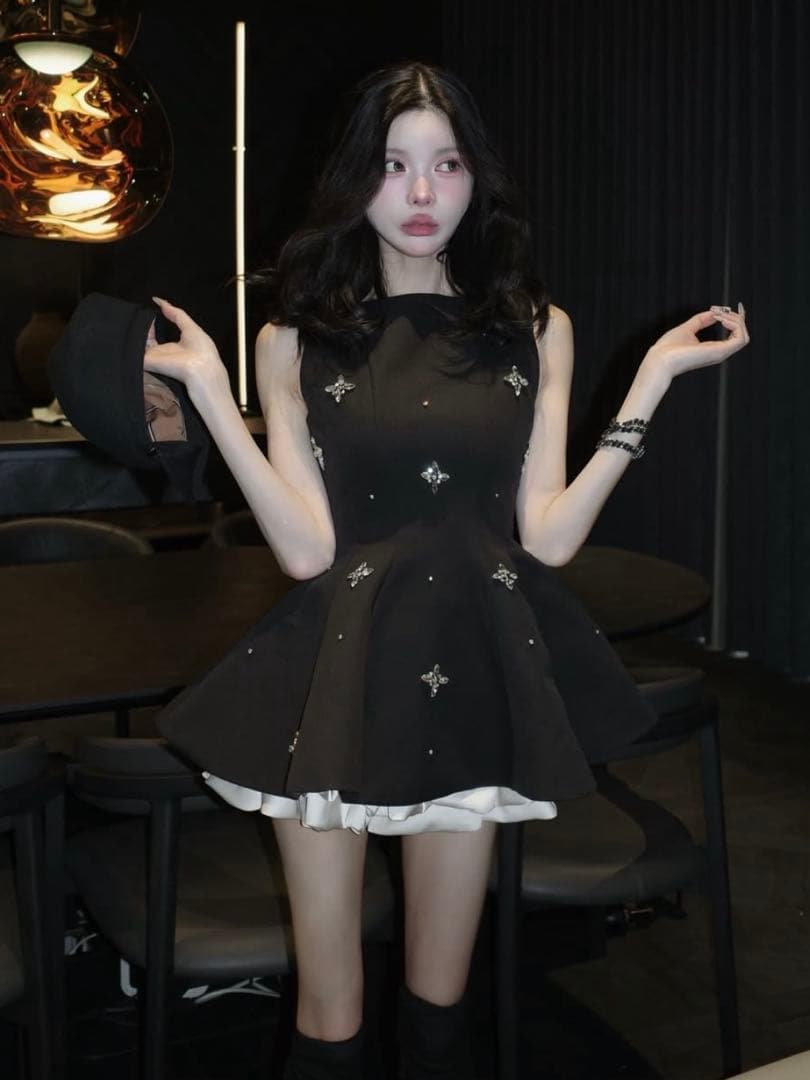 Darich♡ビジューフレアバルーンミニドレス　(BLK・FLサイズ)