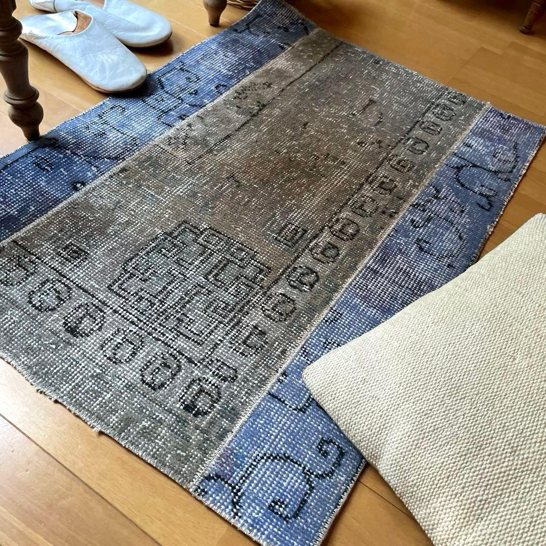 58×82 パッチワークオーバーダイ　ブルー×グレイ　トルコヴィンテージラグ