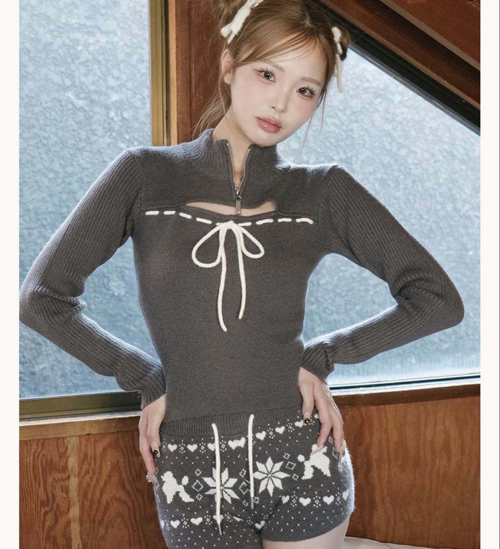 Darich ステッチリボンオープンニットトップス