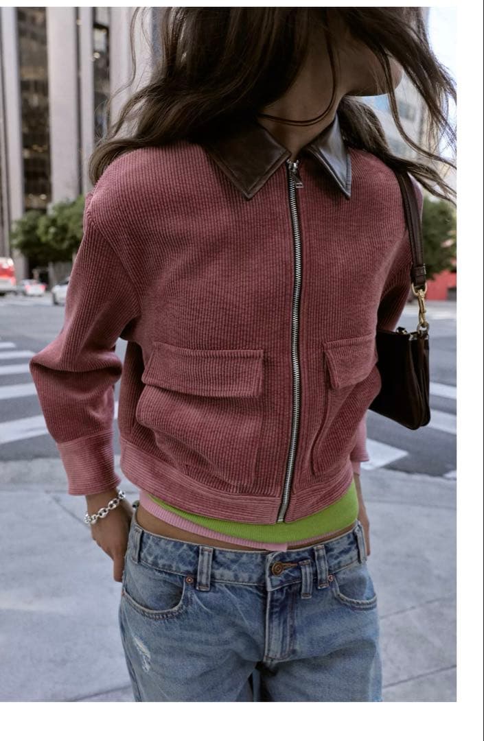 ZARA 2026 コーデュロイ フェイクレザー襟ジャケット