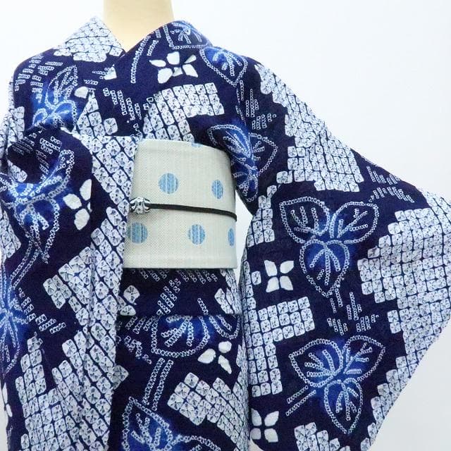 Y3389◆美品 有松鳴海絞り 居敷当て付 手縫い 高級浴衣 洗える夏着物