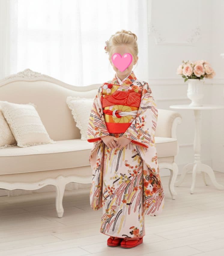 クリーム色に垂れ花が可愛い着物と作り帯セット