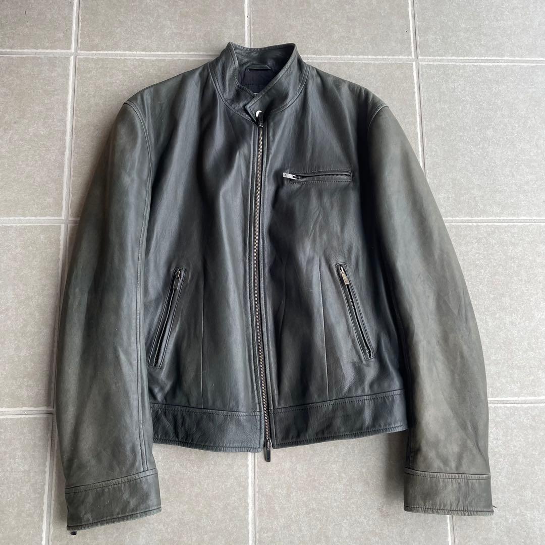 00s emporio ARMANI シングルライダース　レザージャケット　深緑