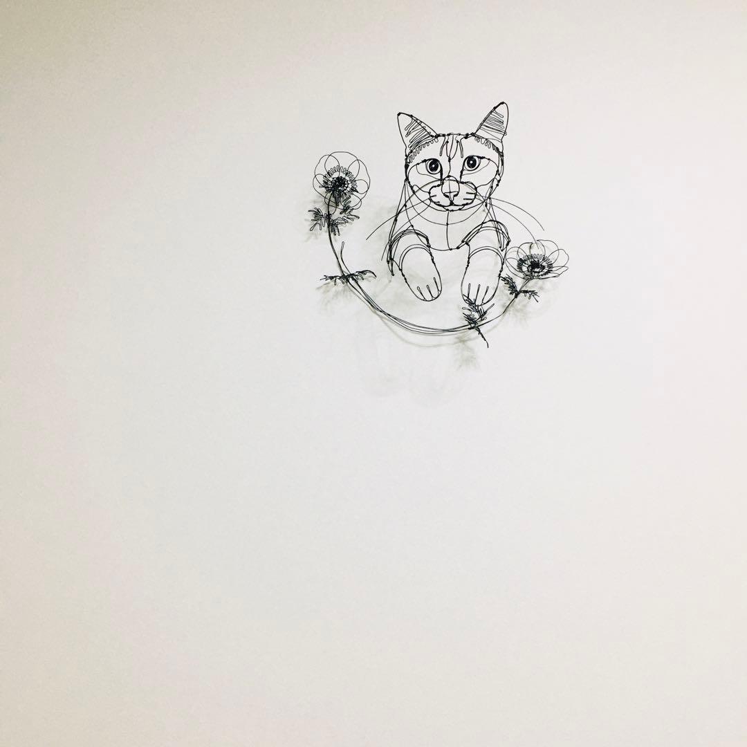 ワイヤーアート　ワイヤークラフト 花とねこ