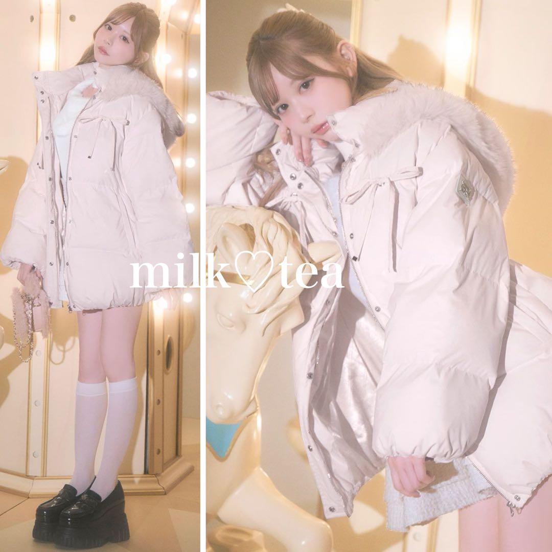 新品タグ付 ミシェルマカロン ピンク フリー ファーフードリボンダウンコート