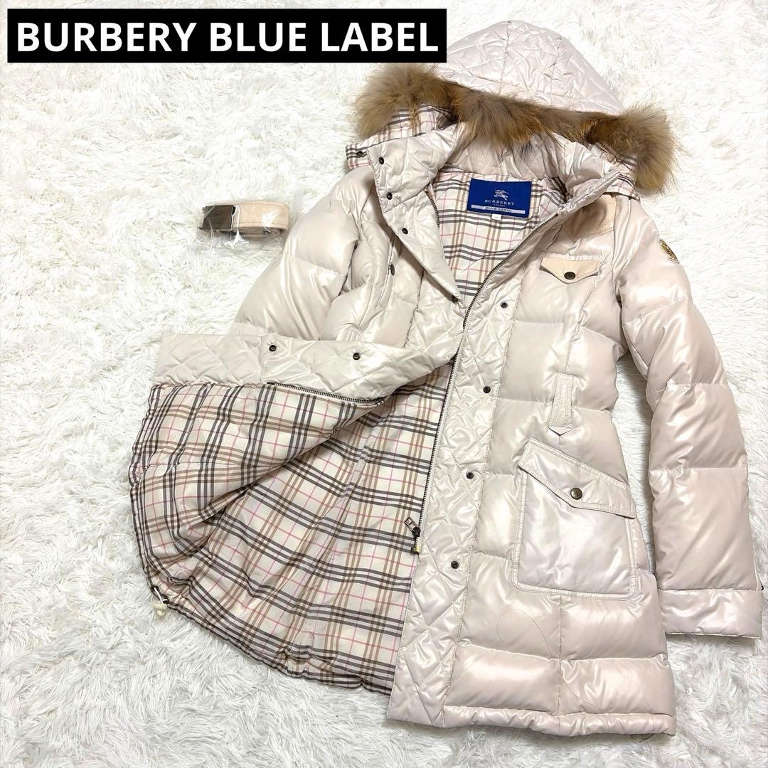バーバリーブルーレーベル　ダウンコート　M ノバチェック　ホワイトピンク　ベルト