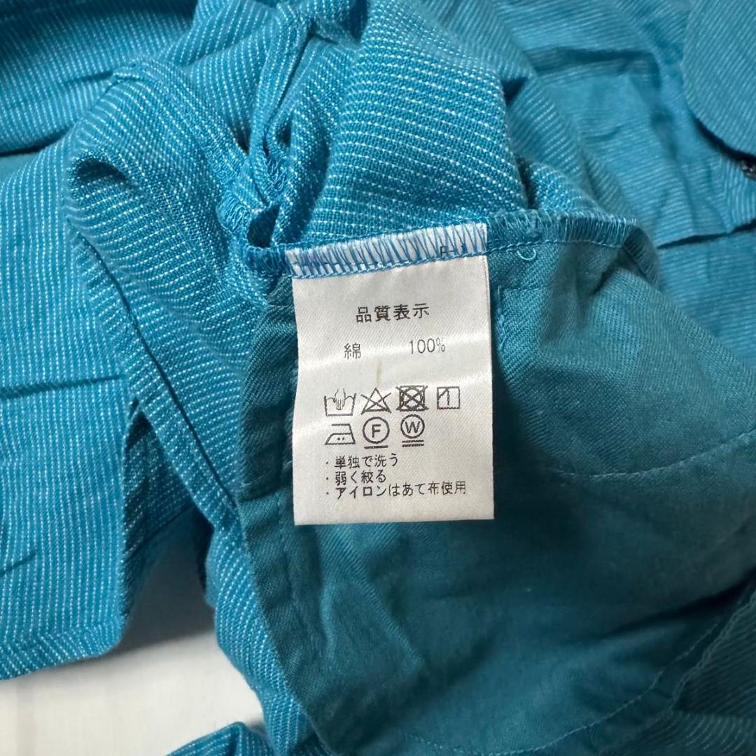 ギエモン　久留米かすり　長袖シャツ　ターコイズブルー　日本製　カラフルボタン　L