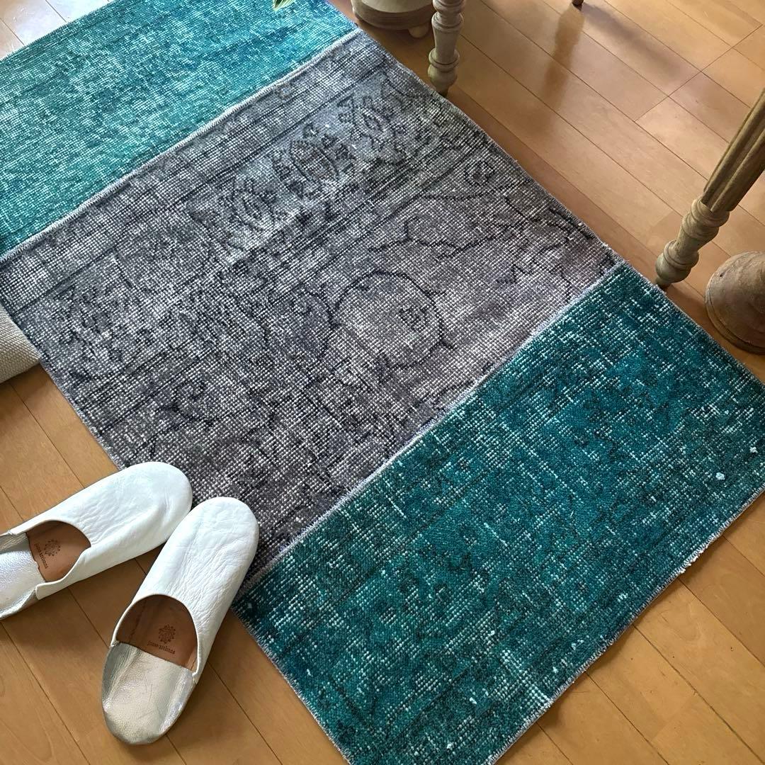 67.5×119パッチワーク　ブルーグリーン×グレイ　トルコヴィンテージラグ