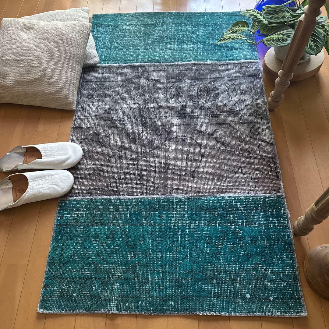 67.5×119パッチワーク　ブルーグリーン×グレイ　トルコヴィンテージラグ