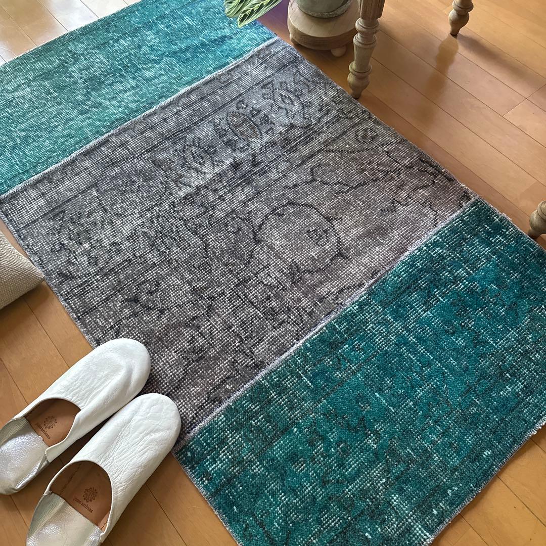 67.5×119パッチワーク　ブルーグリーン×グレイ　トルコヴィンテージラグ