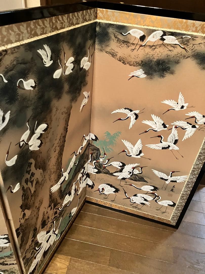 鶴の絵の木製屏風 3つ折り
