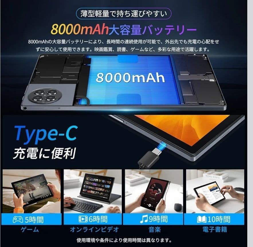 2025 タブレット 10インチ 8000mAh 20GB+128GB+2TB拡