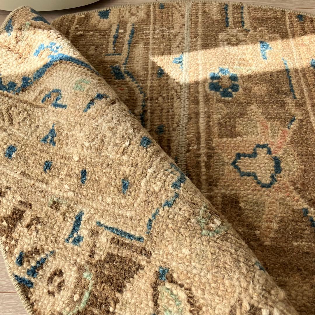 75×88✳︎楕円ラウンド　ブラウン　ブルー　パッチワーク　トルコヴィンテージラグ