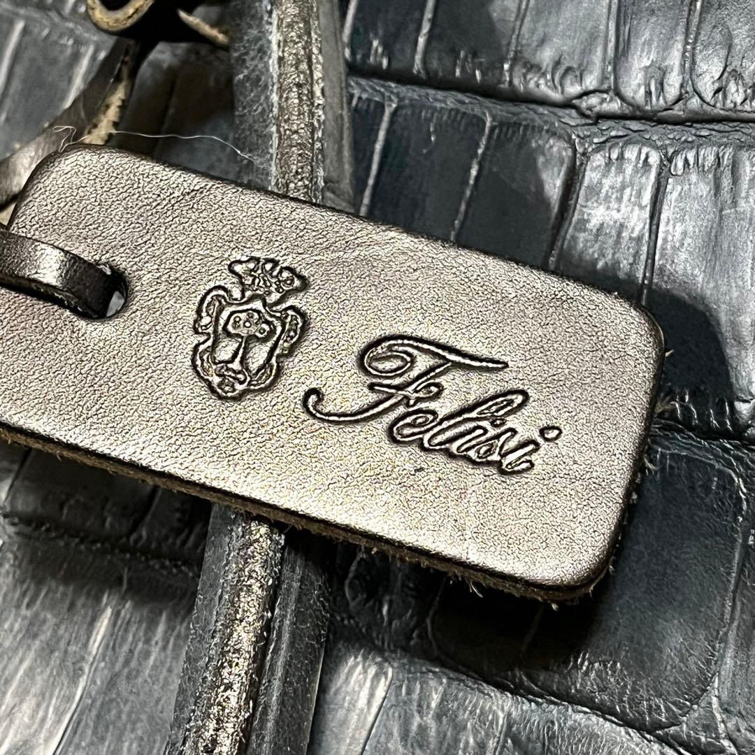 ま*君様 希少✨フェリージ トートバッグ レザー クロコ型押し チャーム付 紺色