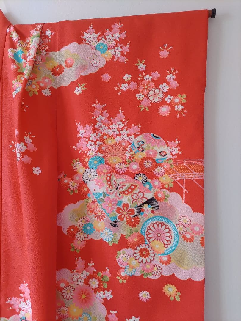 七五三用赤い花柄着物セット　フルセット　7歳　華やか　作り帯