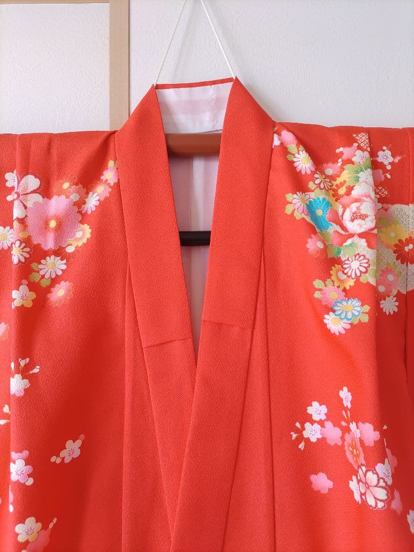 七五三用赤い花柄着物セット　フルセット　7歳　華やか　作り帯