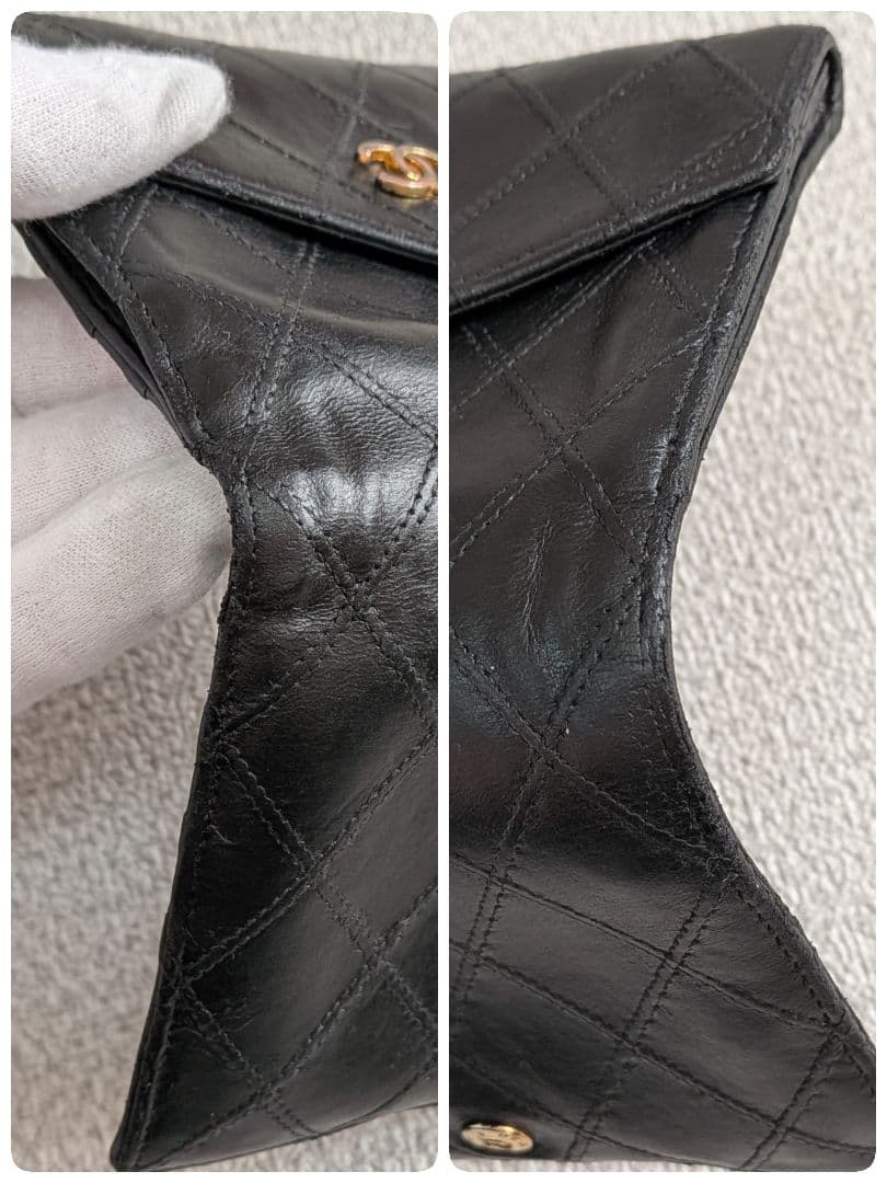 シャネル　ビコローレ　Wホック折り財布　黒　ラムスキン　チェーンウォレット