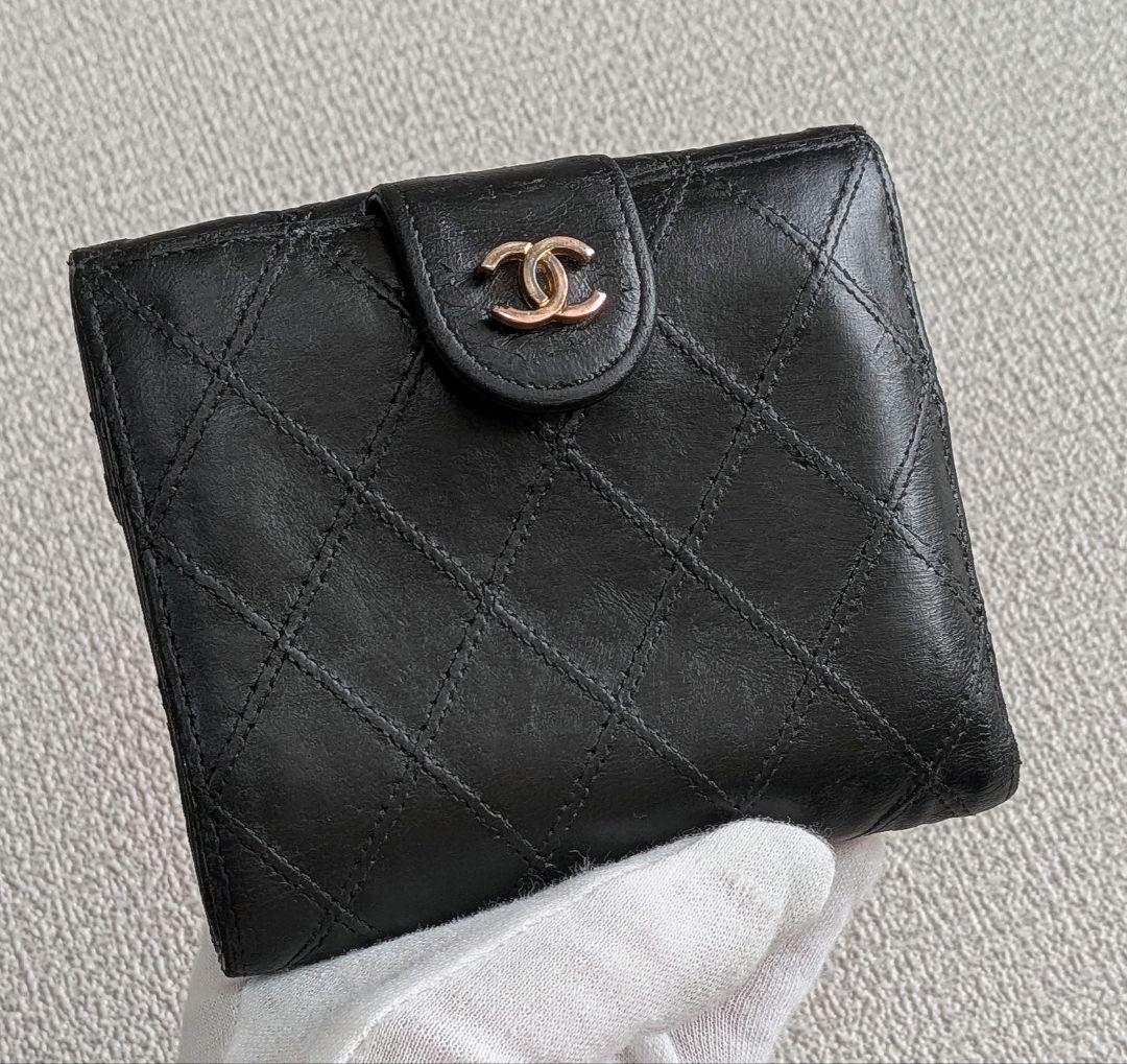 シャネル　ビコローレ　Wホック折り財布　黒　ラムスキン　チェーンウォレット