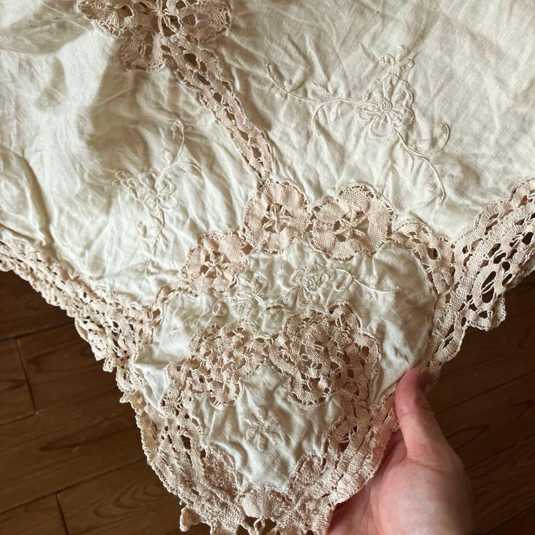 アンティーク　ヴィンテージ　ベージュ　レース (ベッドカバーレース) 綿
