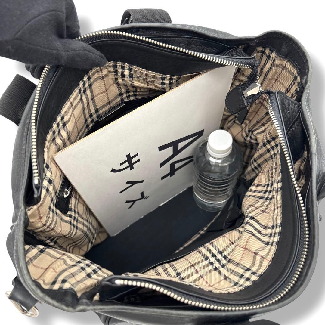 良品 BURBERRY 2wayトートバッグ レザー ノバチェック ブラック