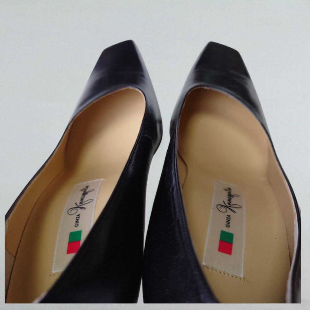 タグ付 銀座かねまつ パンプス スクエアトゥ 24cm 黒靴 本革 ハイヒール