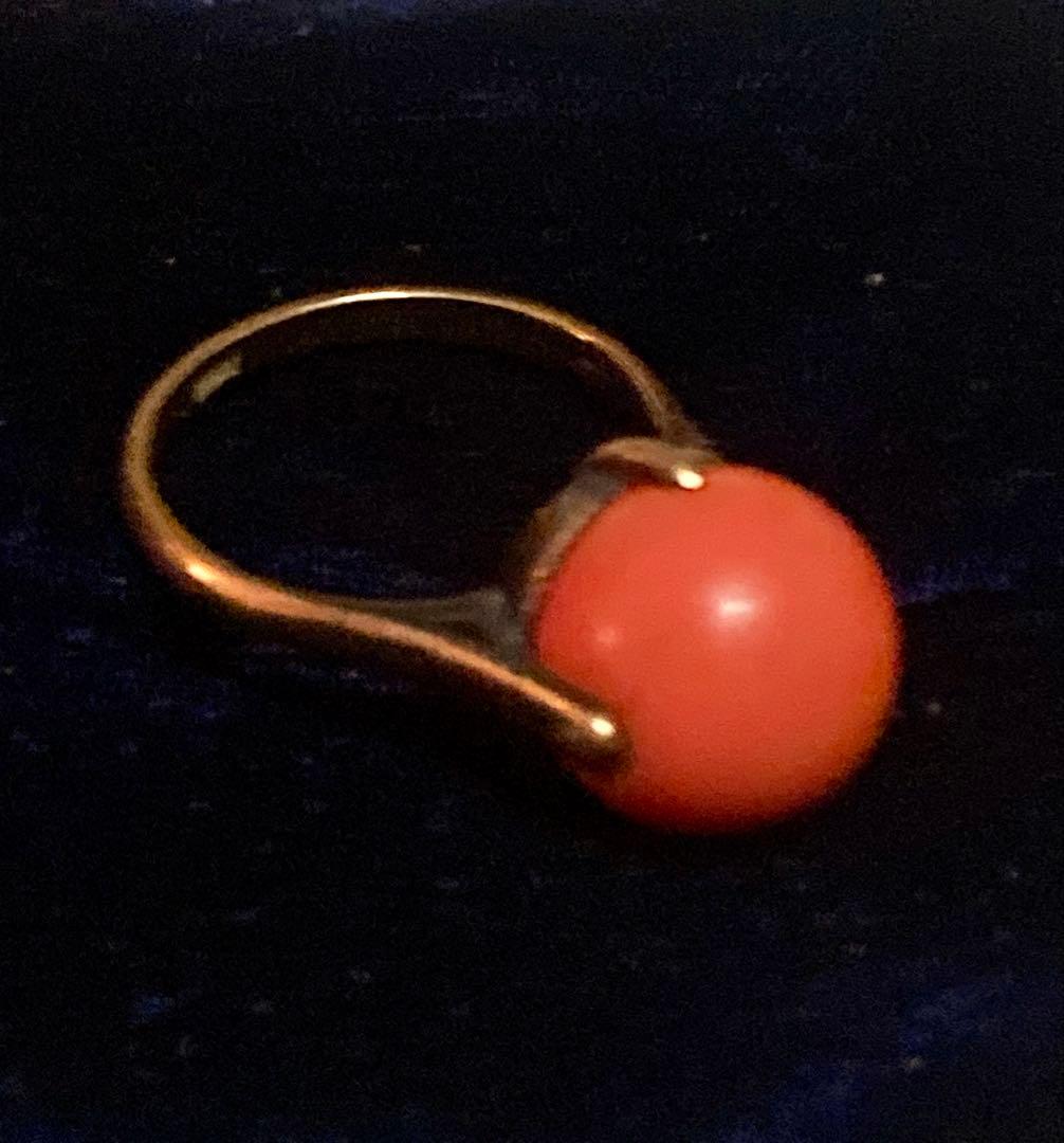 アンティーク 珊瑚（サンゴ）リング｜金色地金｜刻印跡あり｜ヴィンテージ指輪