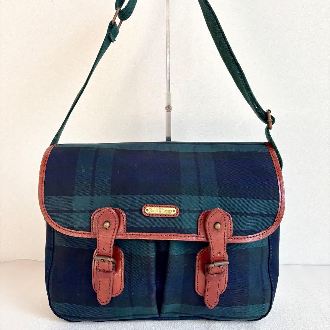 【美品】【ラルフローレン】グリーン チェック ショルダーメッセンジャーバッグ