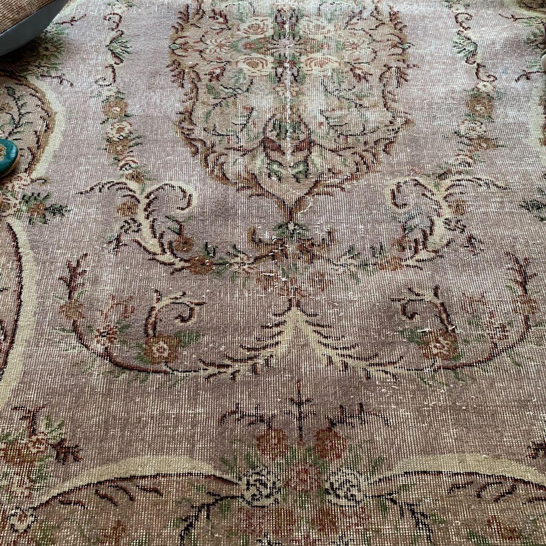 超大判　薔薇　モーヴグレー　241×144 シャビー　トルコ　ヴィンテージラグ