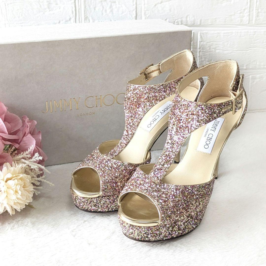 ✨JIMMY CHOO✨Tストラップ グリッターサンダル 37½