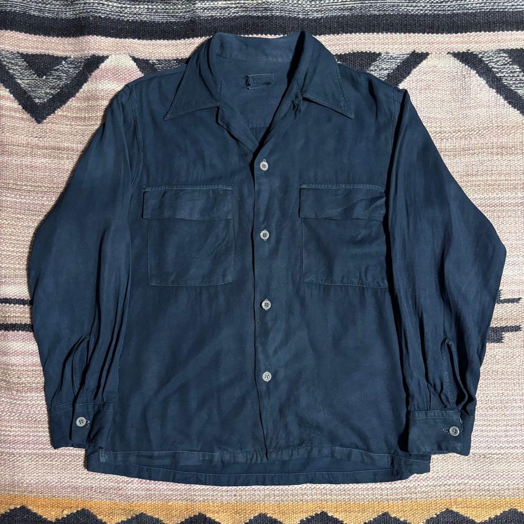 40s レーヨンギャバシャツ　後染め　ネイビー　ヴィンテージ　50s rayon