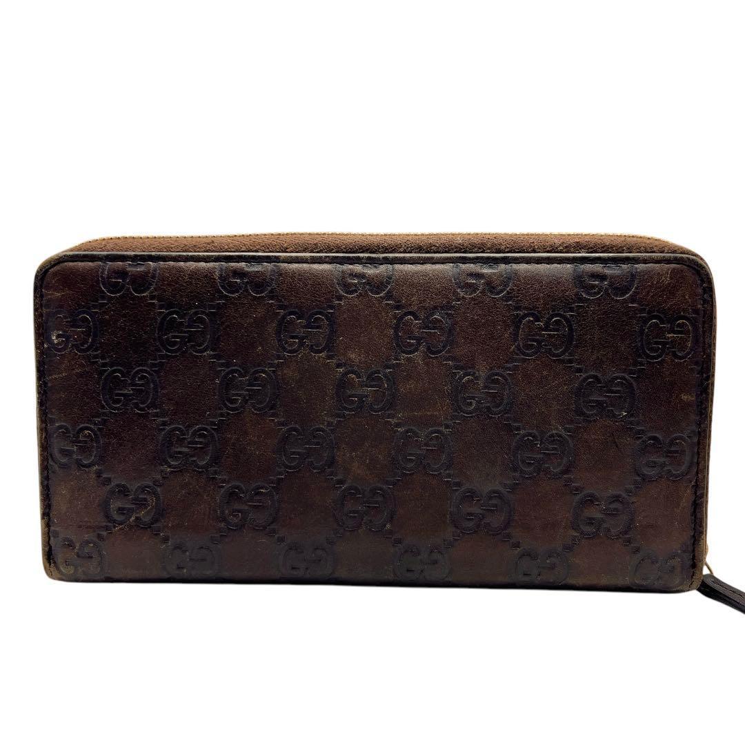 GUCCI GG柄 レザー ブラウン シマ ラウンドファスナー 長財布 7037