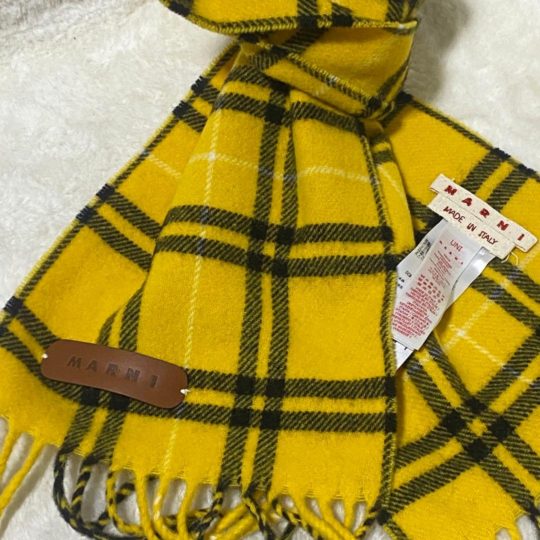 【美品】MARNI チェック柄イエローマフラー UNI ウール イタリア製