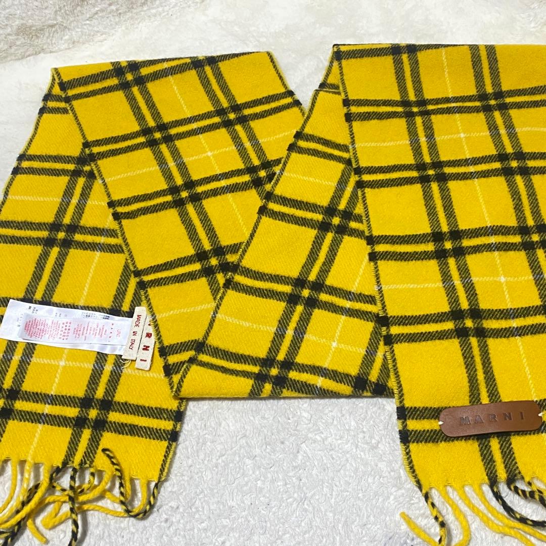 【美品】MARNI チェック柄イエローマフラー UNI ウール イタリア製