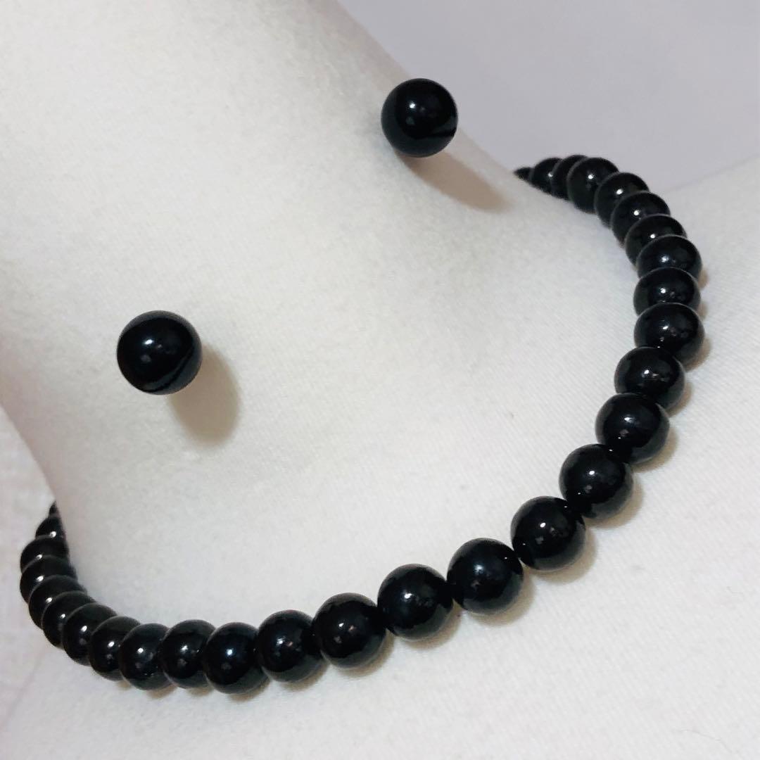 SV天然ジェットネックレス10mmup 43cm SVピアス12mmupセット