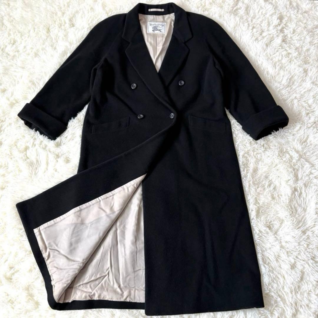 バーバリー カシミヤ混 ダブルチェスターコート ロング マキシ丈 ブラック L