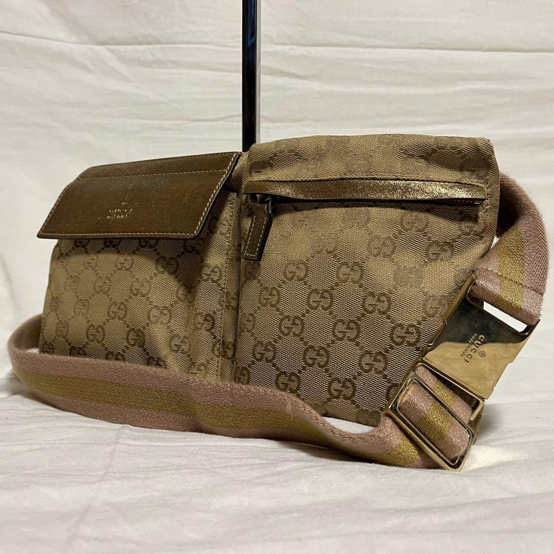 GUCCI GGキャンバス ウエストバッグ ボディバッグ ベージュ ゴールド